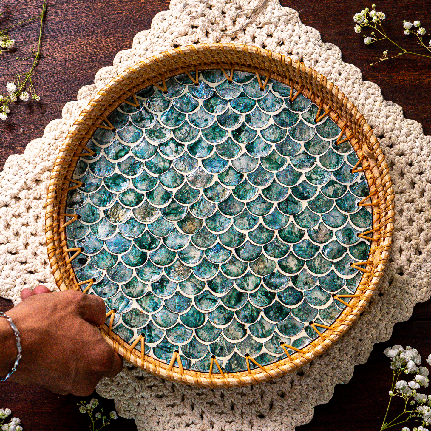 Mother of Pearl & Rattan Tray - Cascade (30cm)