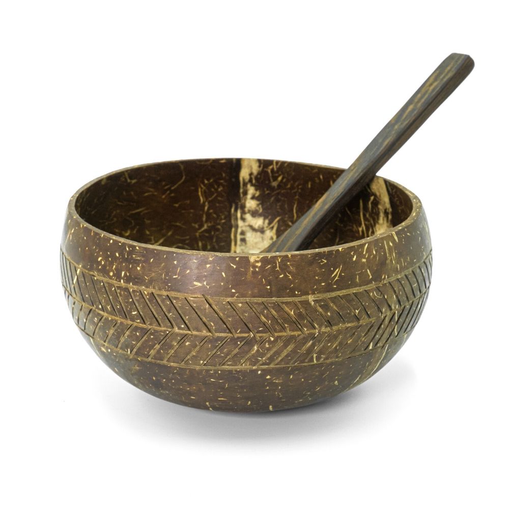 Double Coconut Bowl & Spoon Set (Multiple Patterns Available)