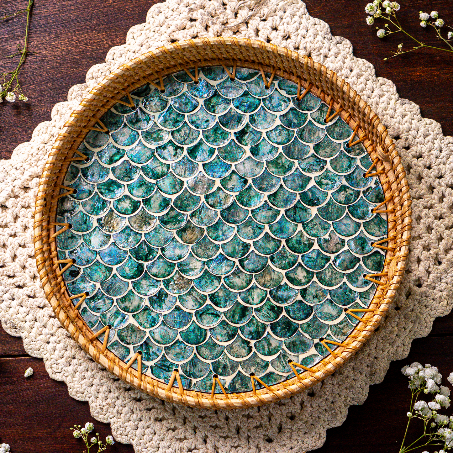 Mother of Pearl & Rattan Tray - Cascade (30cm)