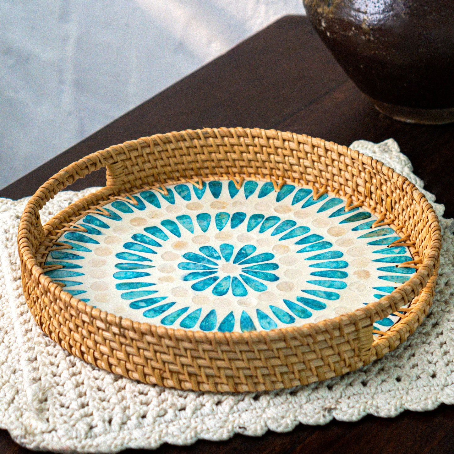 Mother of Pearl & Rattan Tray - Ripple (35cm)