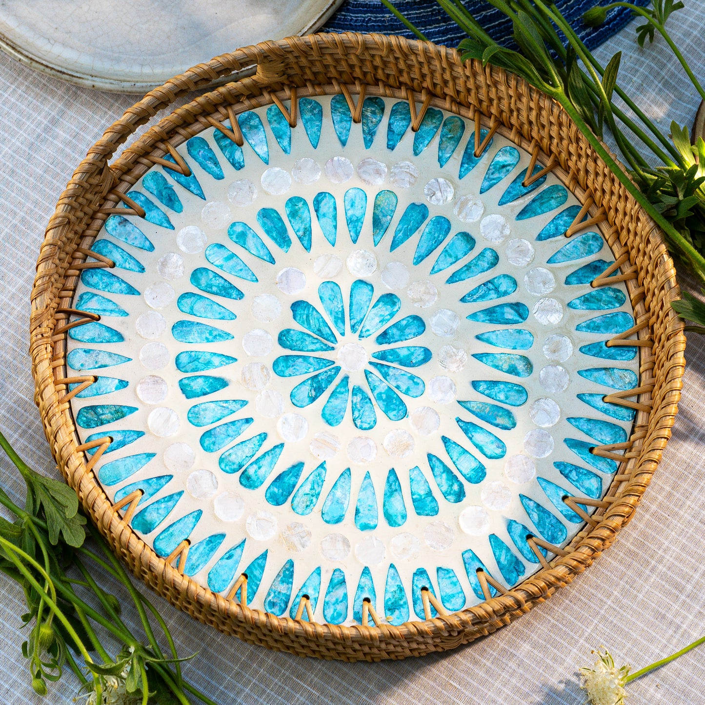 Mother of Pearl & Rattan Tray - Ripple (35cm)