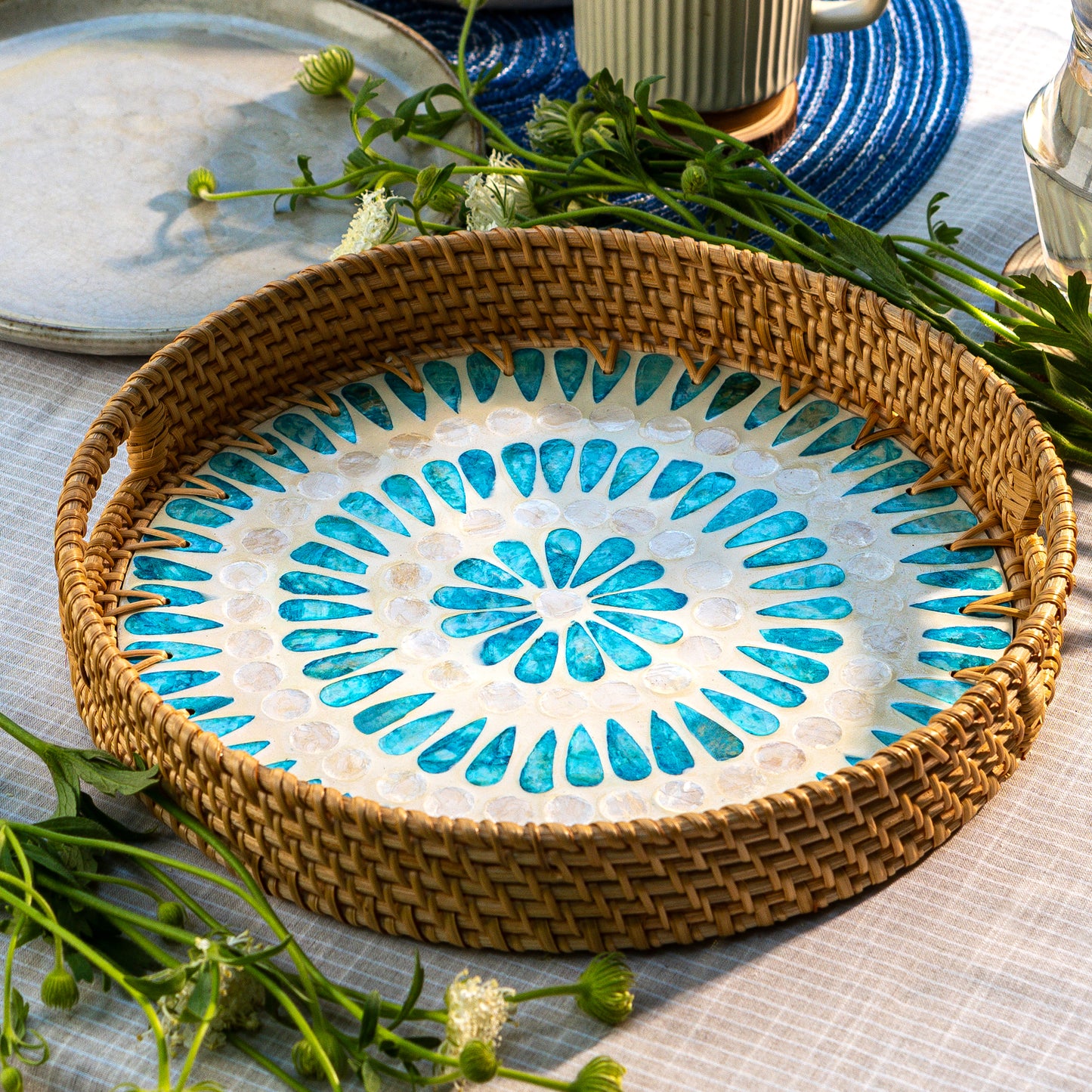 Mother of Pearl & Rattan Tray - Ripple (35cm)