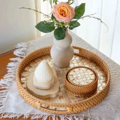 Handmade Natural Rattan & Mother of Pearl Coaster Set (6 Piece + Holder) • Cascade Light