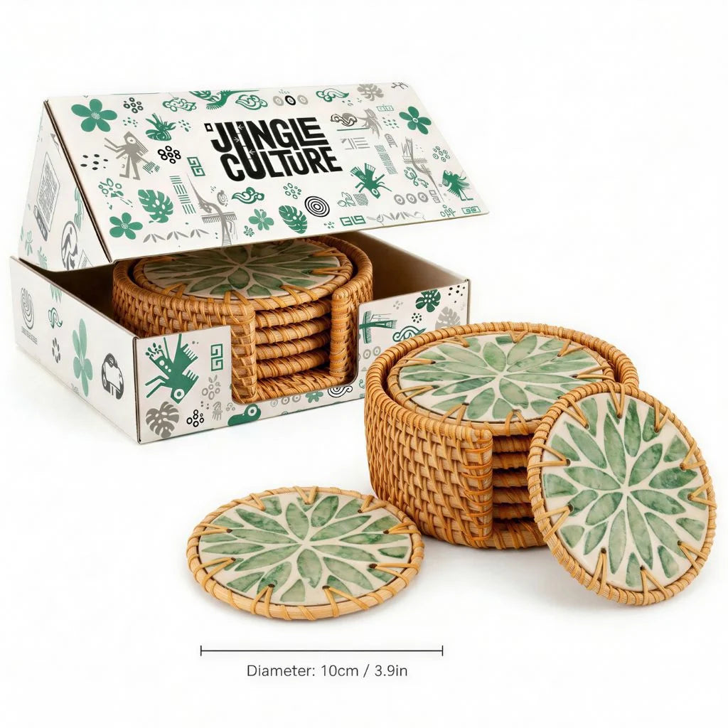 Handmade Natural Rattan & Mother of Pearl Coaster Set (6 Piece + Holder) • Everglade
