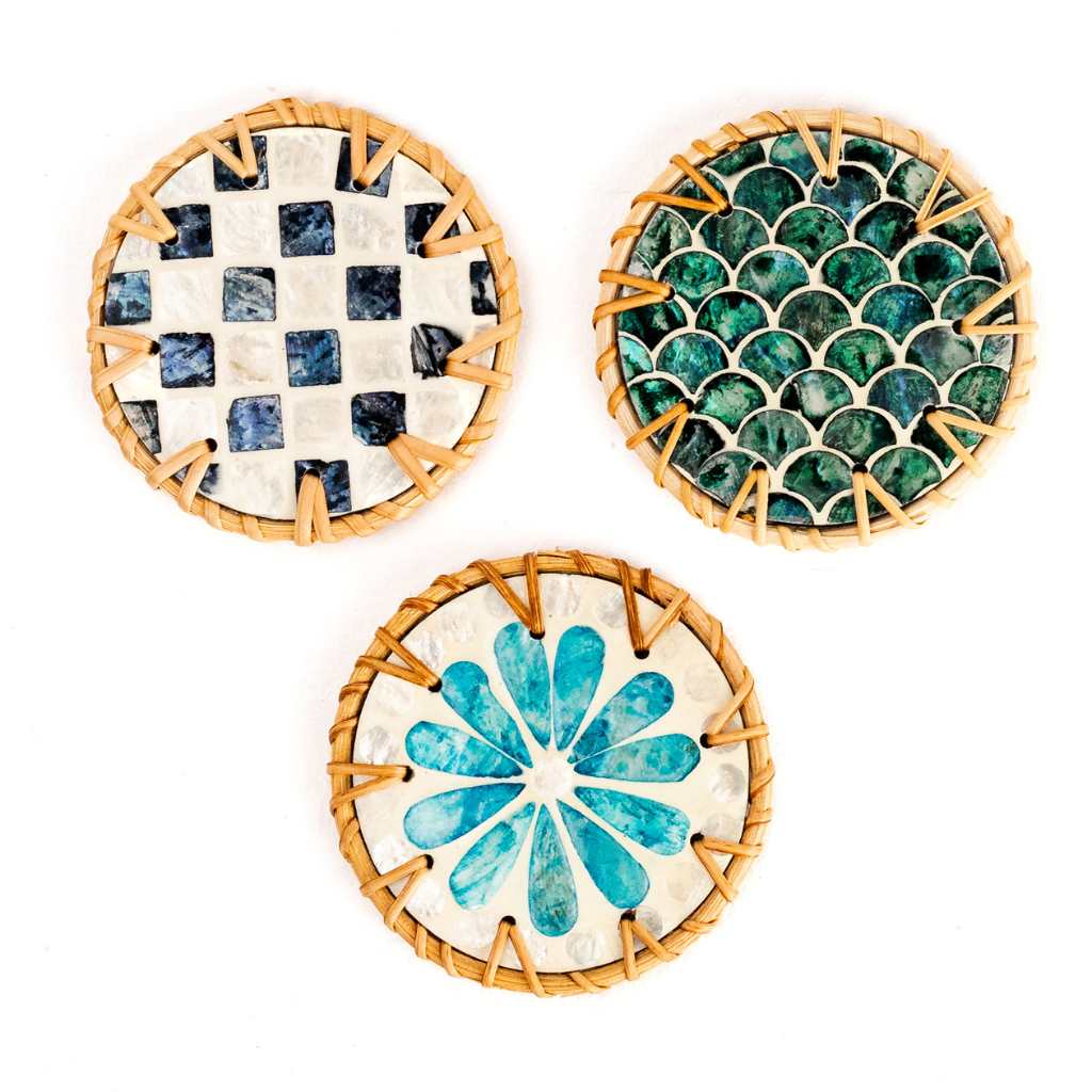 Handmade Natural Rattan & Mother of Pearl Coaster Set (6 Piece + Holder) • Drift